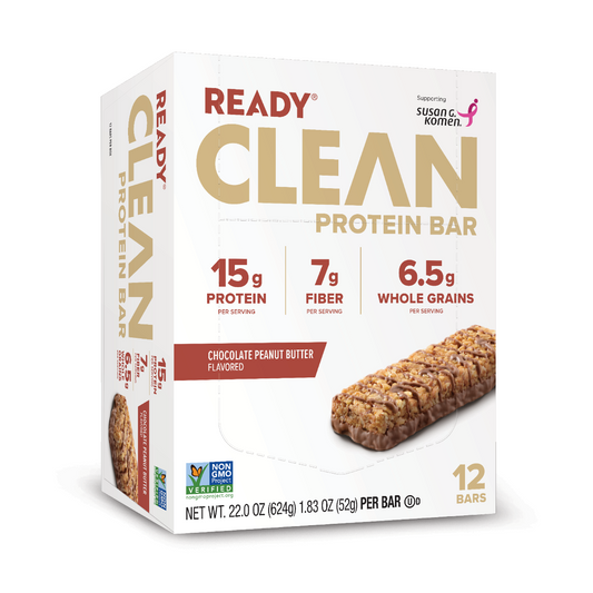 box of 12 Ready Clean protein bars chocolate peanut butter flavor