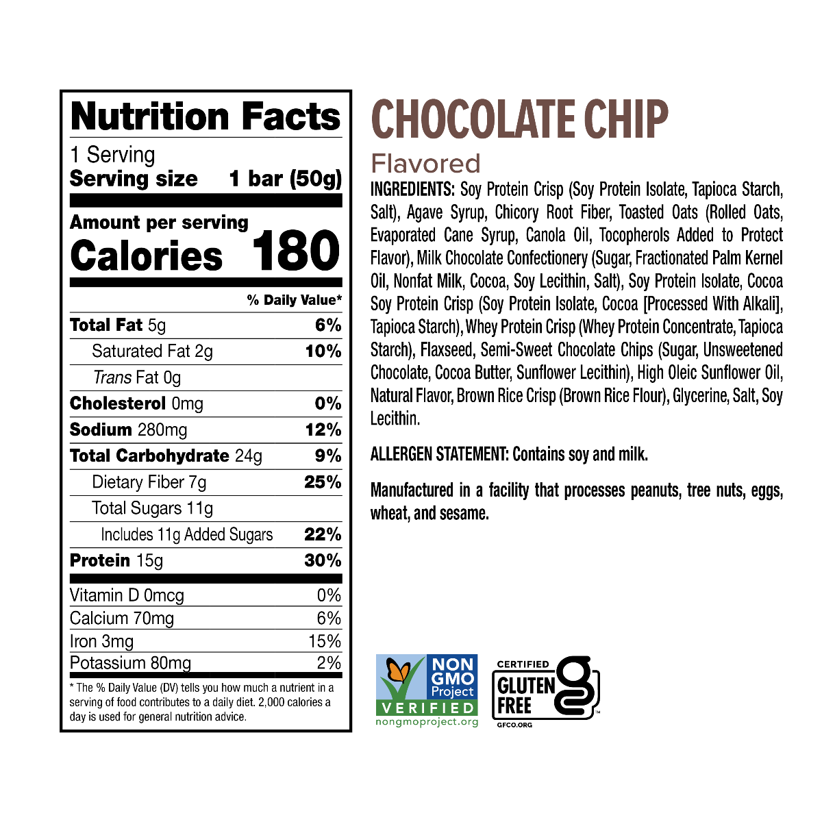 nutrition label for Ready Clean protein bar chocolate chip flavor