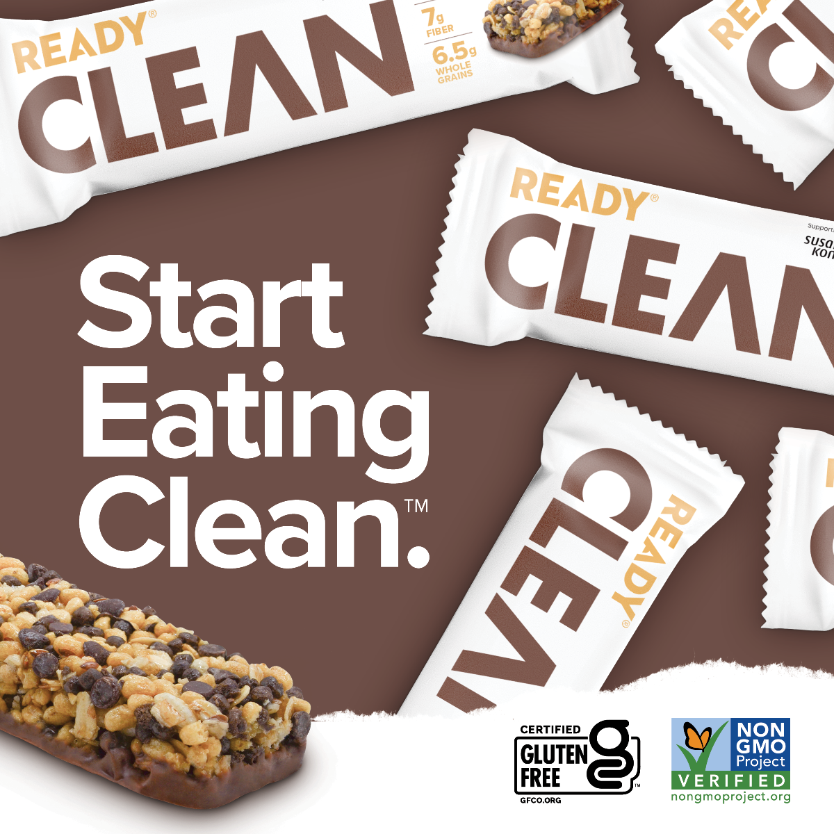 Ready Clean protein bars are gluten free and verified NON GMO