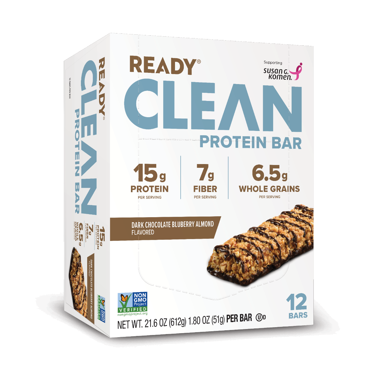 box of 12 Ready Clean protein bars dark chocolate blueberry almond flavor