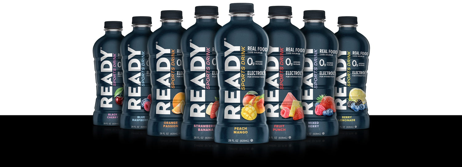 Line up of Ready Sports Drink bottles