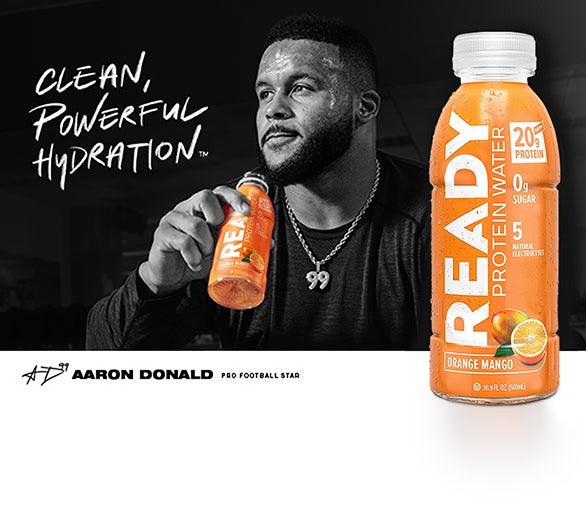 Ready Co-Owner Aaron Donald drinking Ready Protein Water