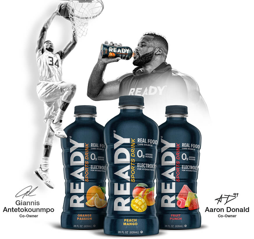 Ready sports drink graphic with Aaron Donald and Giannis Antetokounmpo