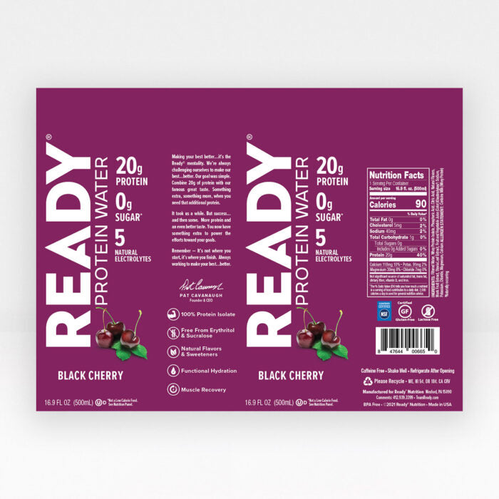 Label for Black Cherry Ready Protein Water in 16.9 fl oz bottle