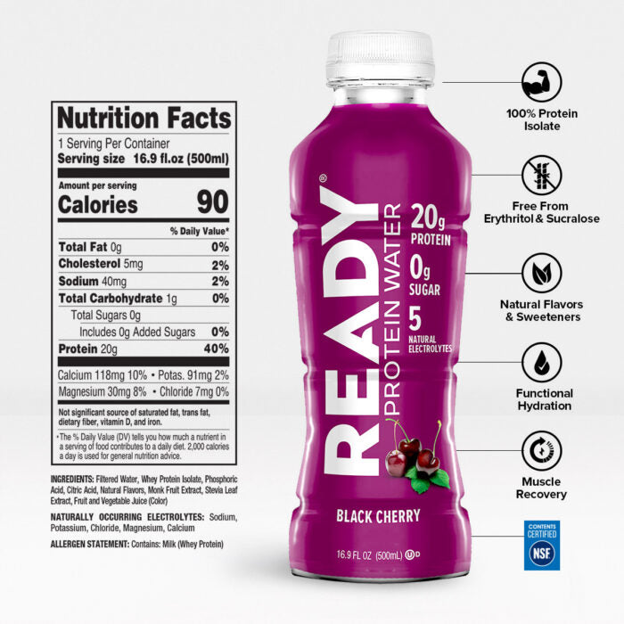 Nutrition facts for Black Cherry Ready Protein Water in 16.9 fl oz bottle