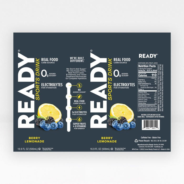 Label for Berry Lemonade Ready Sports Drink in 16.9 fl oz bottle