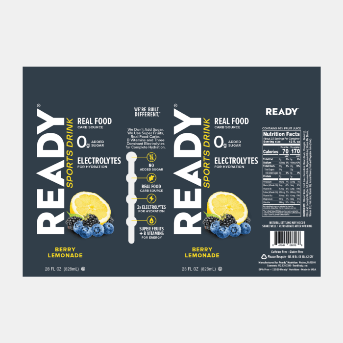 Label for Berry Lemonade Ready Sports Drink in 28 fl oz bottle
