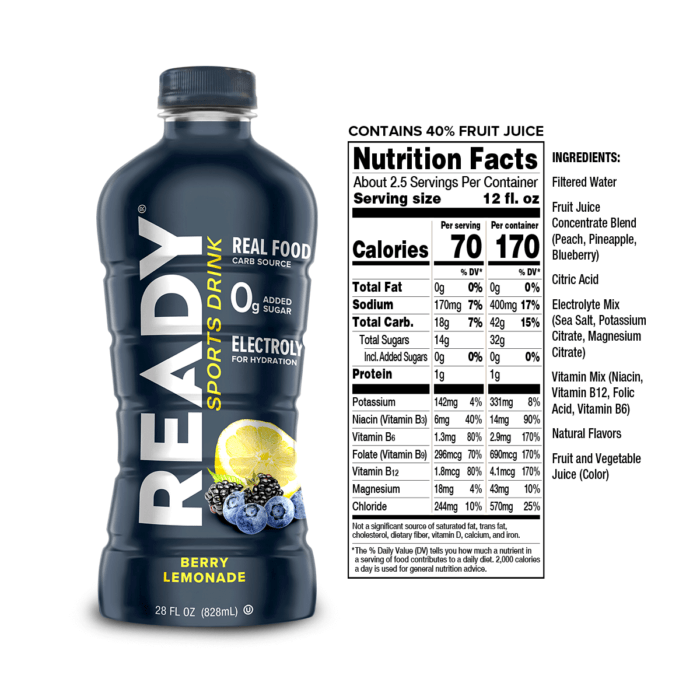 Nutrition facts for Berry Lemonade Ready Sports Drink in 28 fl oz bottle